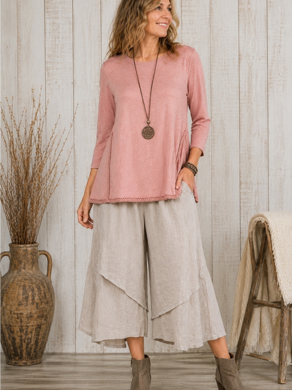 Simply Noelle Pink Knit Tunic Top‎ XXL 16 18 Braided Trim A-Line Stretch Sweater